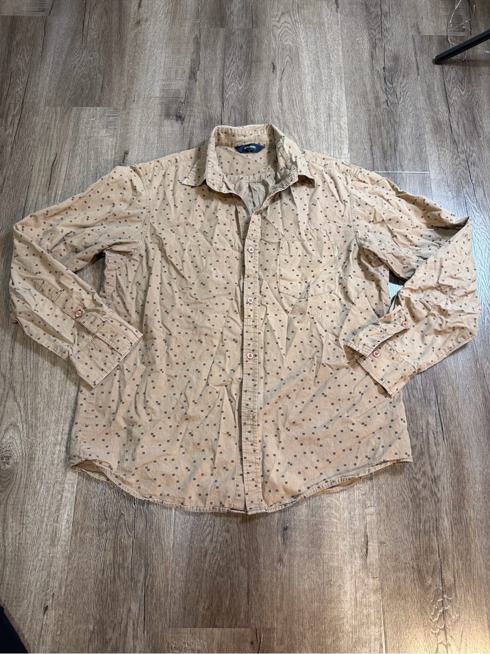 Stussy Tan Button-Up Shirt with Small Square Print